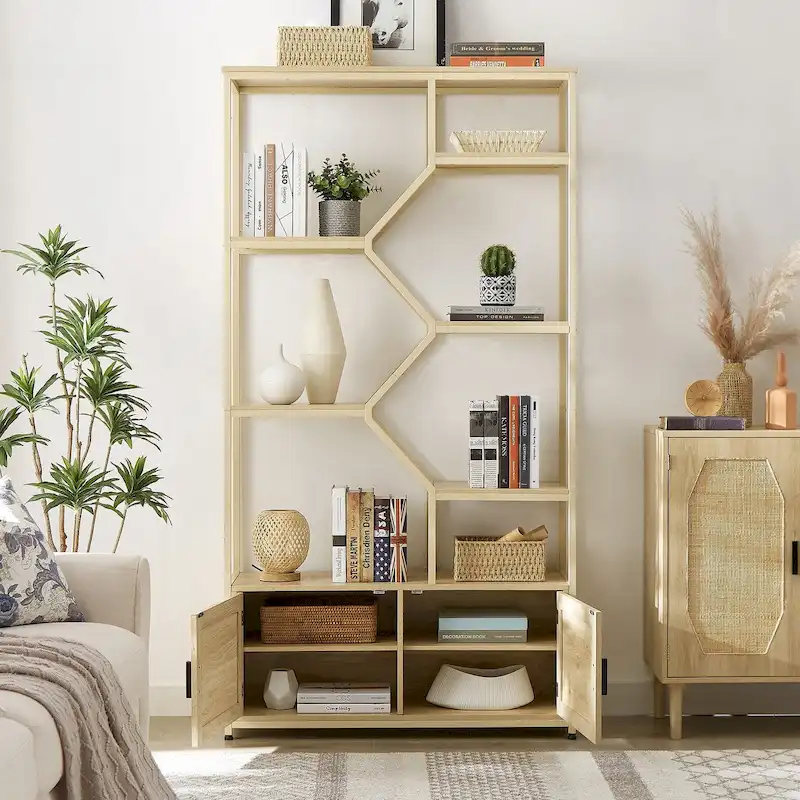 Rattan bookshelf 5 tiers Bookcases Storage Rack with cabinet