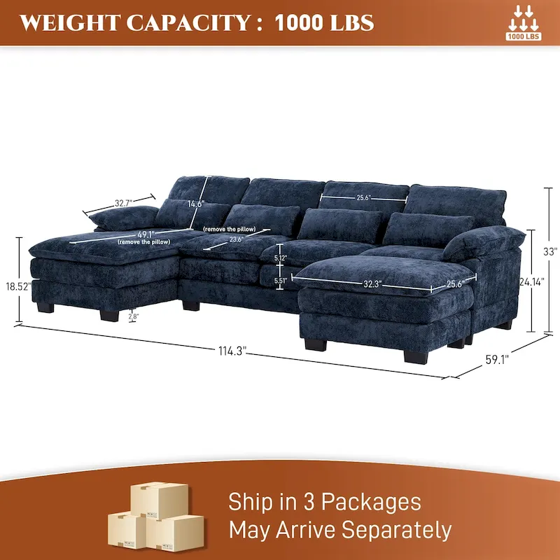 Soft Chenille Fabric U-Shaped Sectional Sofa with Double Layer Cushion