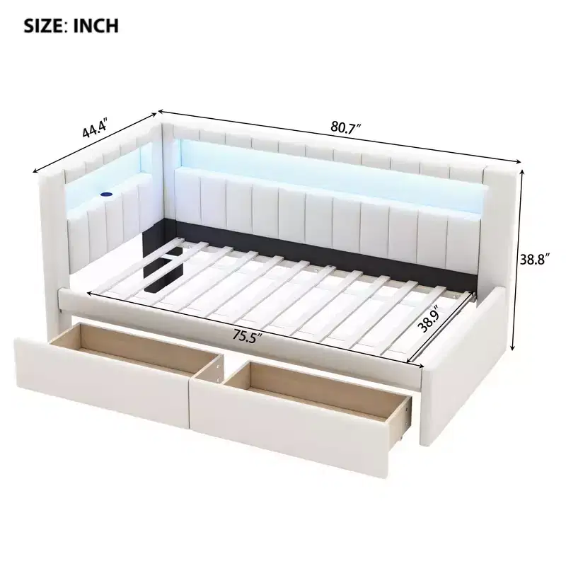 Bellemave Upholstered Twin Size Platform Bed with USB Ports and LED Belt, With 2 Drawers, White