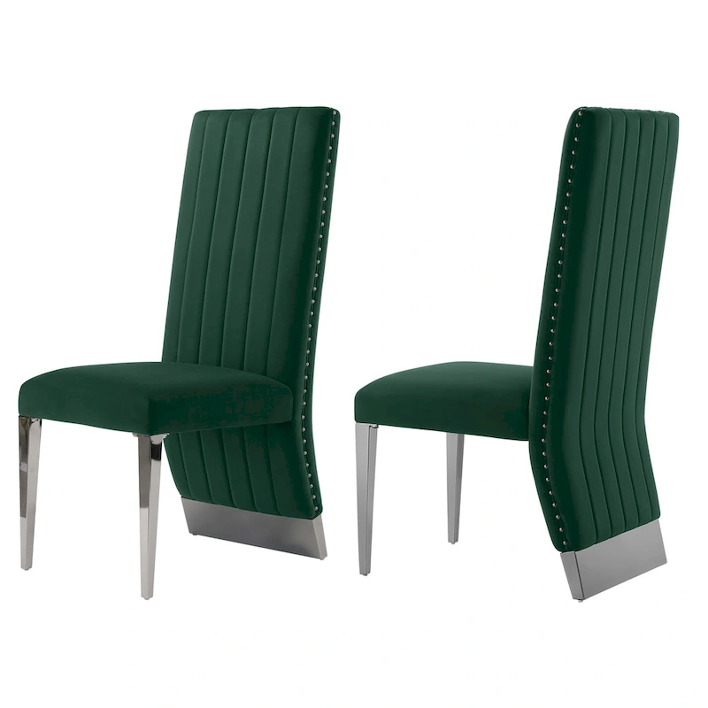 Modern Channel High Back Dining Chairs with Nailhead Trims and Polished Metal Legs