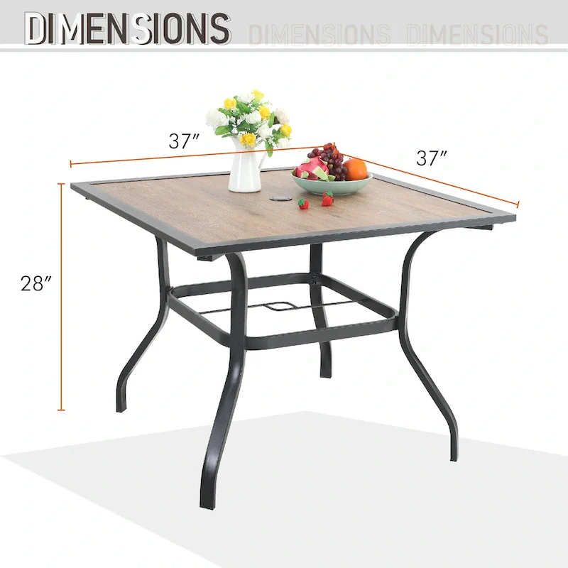 Patio 5-piece Dining Set, 1 Square 37  Metal Table with Umbrella Hole and 4 Rattan Chairs with Cushion