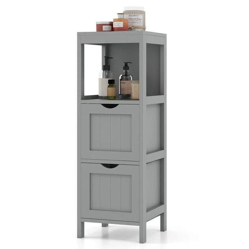 Grey / Brown / White Freestanding Bathroom Floor Storage Cabinet, 2-Drawer, 1-Person Assembly