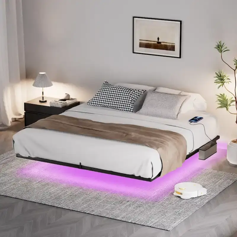 Modern Floating Bed with LED Lights, Charging Station & Metal Frame