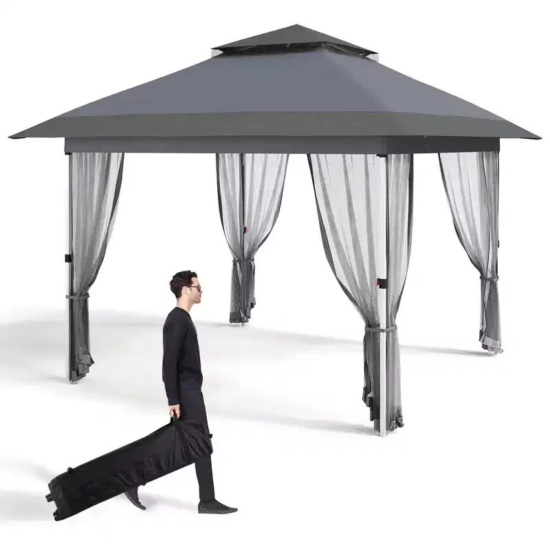 12'x12' Outdoor Gazebo Canopy Tent with 2-Tiered Vented Top, Mosquito Netting & Curtains, Pop Up Shelter for Patio & Backyard