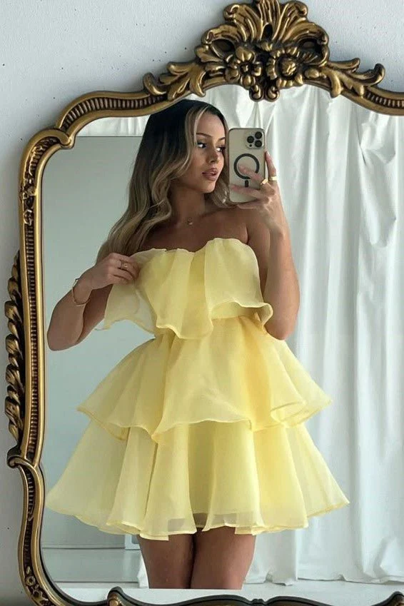 Yellow - Strapless Chiffon Ruffles A Line Short Homecoming Dresses