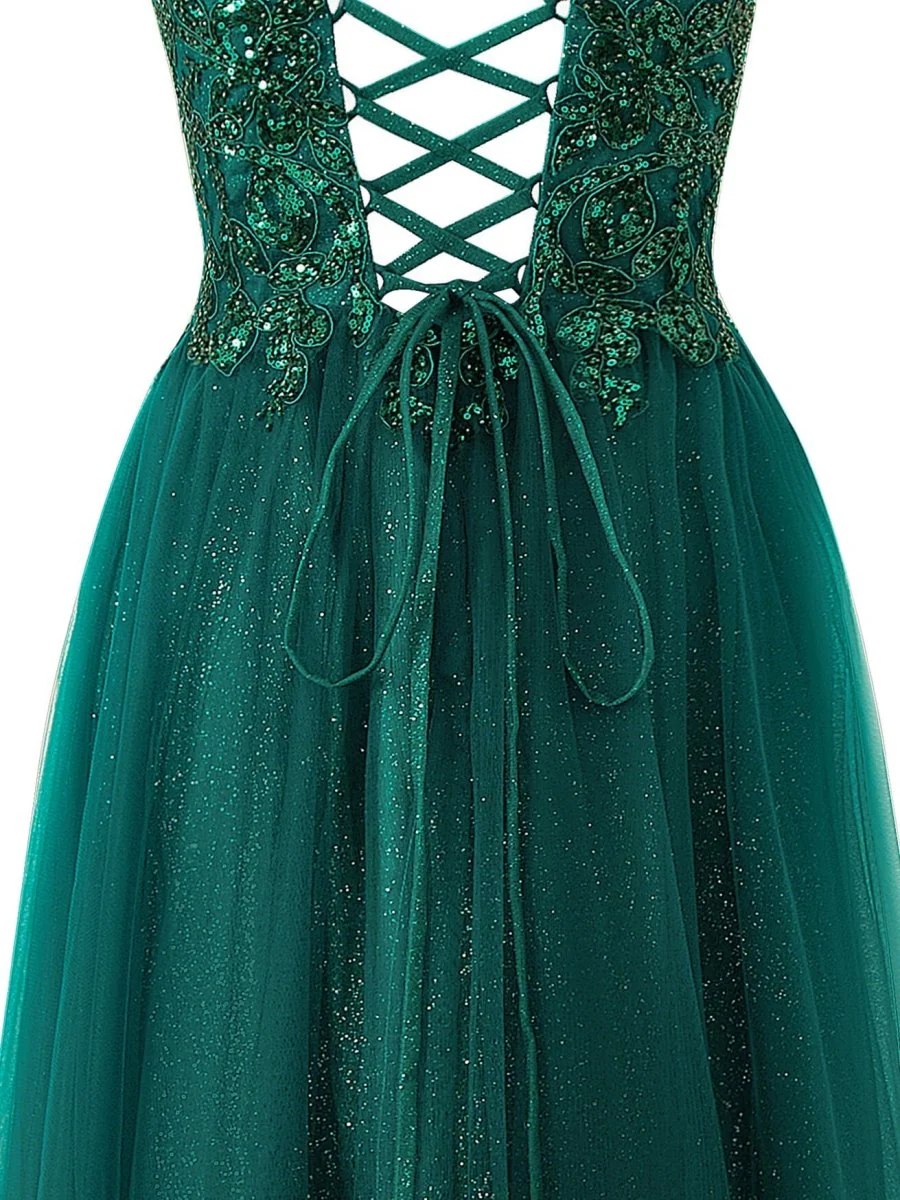 Navy Blue A-line Floor Length Glitter Tulle Prom Dress