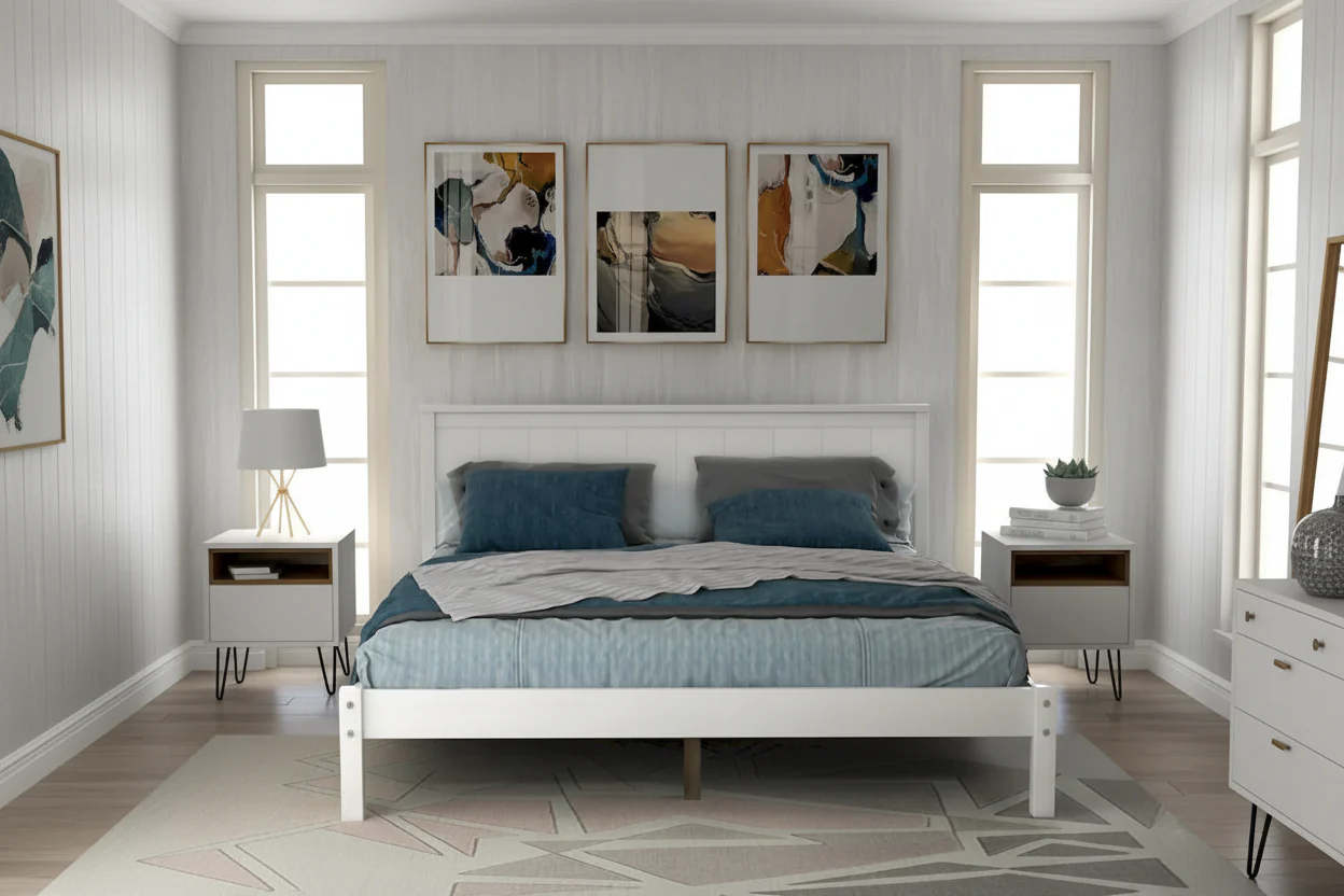 White Full Platform Bed Frame with Attached Headboard, Pine & MDF, Fits 2
