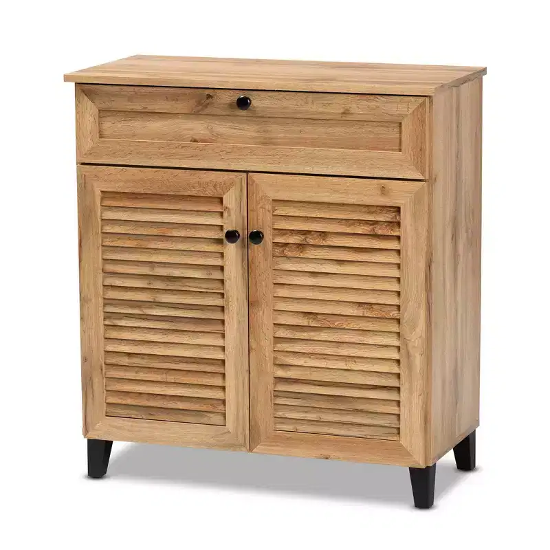 Coolidge Wood 1 Drawer Storage Cabinet Oak Brown - Baxton Studio: Slatted Doors, 12 Pair Capacity, Tapered Legs