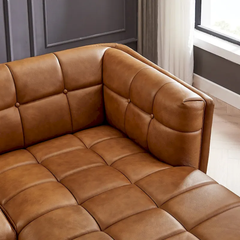 Cognac Tan Chesterfield Genuine Leather Sectional Sofa - Mid-Century Modern