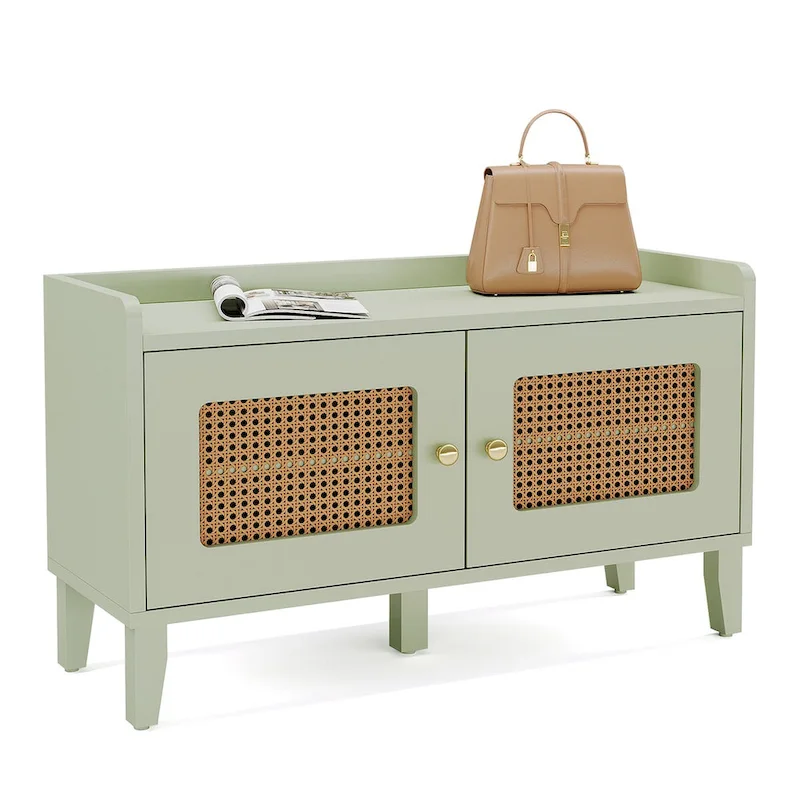 Green Wood 2-Door Shoe Cabinet Bench with Rattan-Style Doors & 2-Tier Storage - Single Use