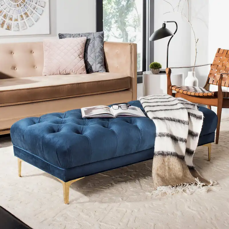 Navy/ Brass Tufted Rectangular Bench - 54 x 27 x 16 - 54Wx27Dx16H
