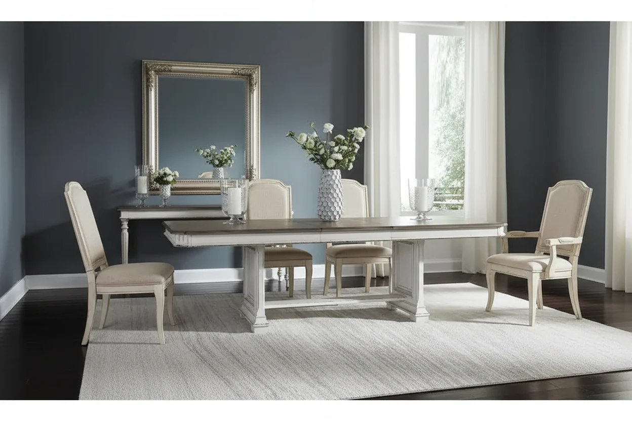 Weathered Brown & Antique White Trestle Dining Table — Farmhouse Style