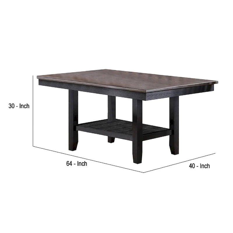 Dining Table with Rectangular Wooden Top and Open Shelf, Dark Brown