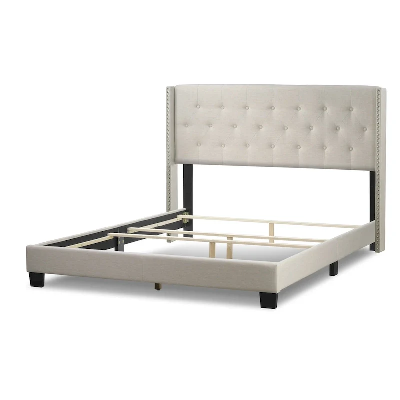 Beige Button Tufted Wingback Upholstered Bed – Twin / Queen / King