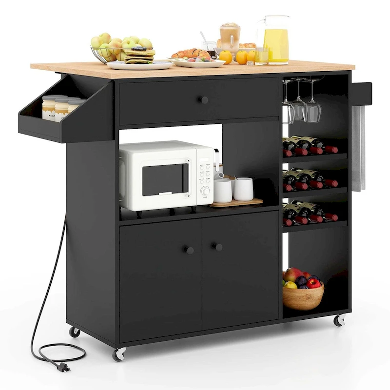 Rolling Kitchen Cart Kitchen Island Cart w/ Drop-Leaf & Power Outlet