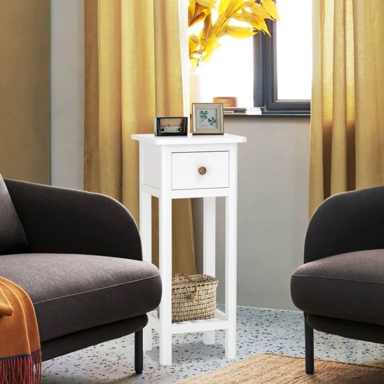 2-Tier Slim Rectangular Side Table - Black/White - Acacia Wood