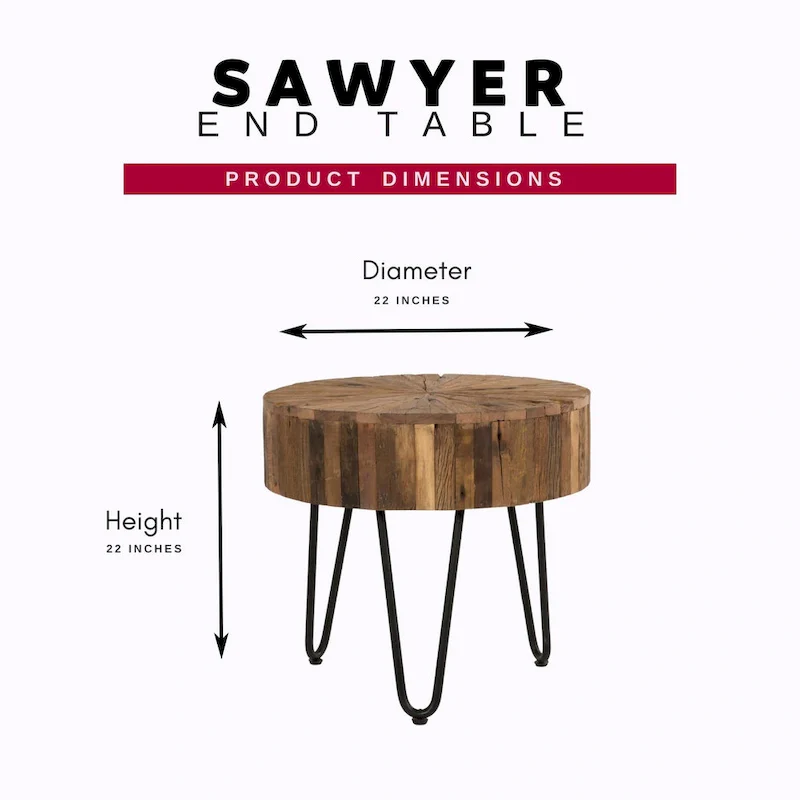 Sawyer 22 in. Round Reclaimed Wood Accent End Table with Black Hairpin Metal Legs