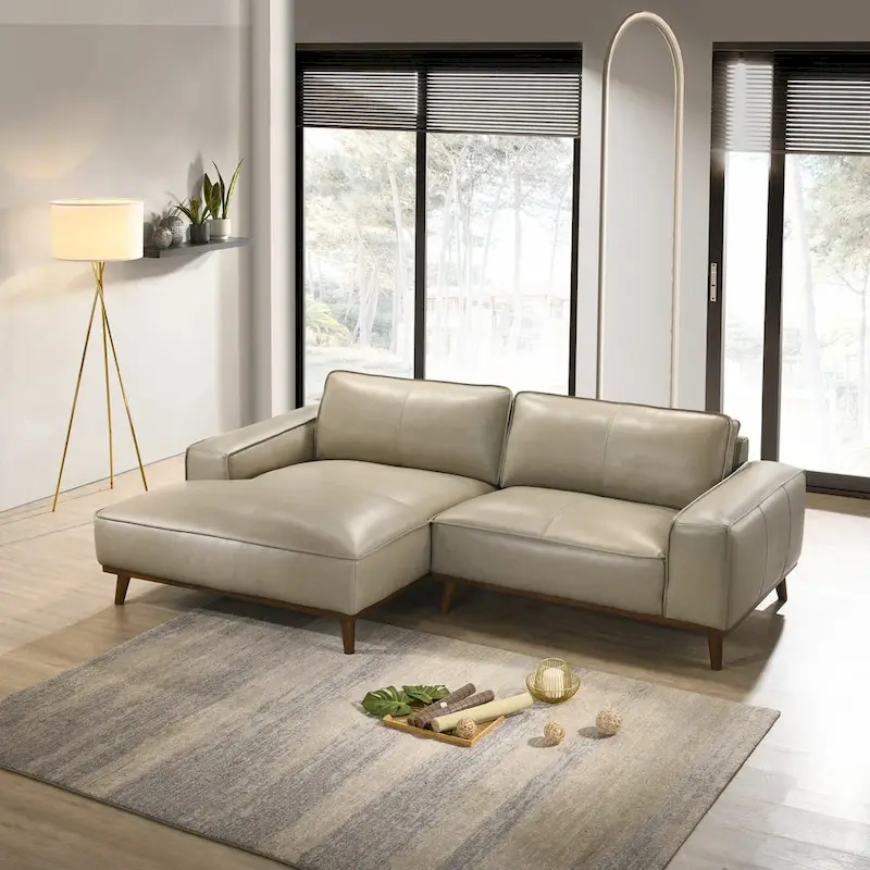 Mid-Century Modern Genuine Leather Sectional Sofa with High-Density Foam, Removable Legs for Living Room