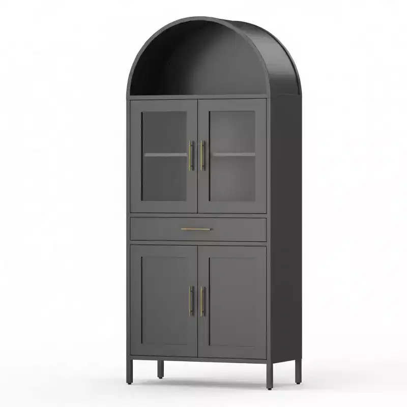 Arched Cabinet with Glass Doors, Metal Kitchen Pantry, Modern Display Bookcase for Living Room, Dining Room or Kitchen