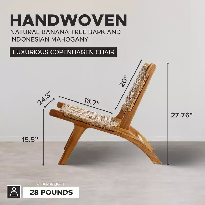 texxture Copenhagen Banana Tree Bark Chair, Indoor Outdoor Dining or Kitchen Accent Furniture for Table or Porch with Wooden Legs, Natural