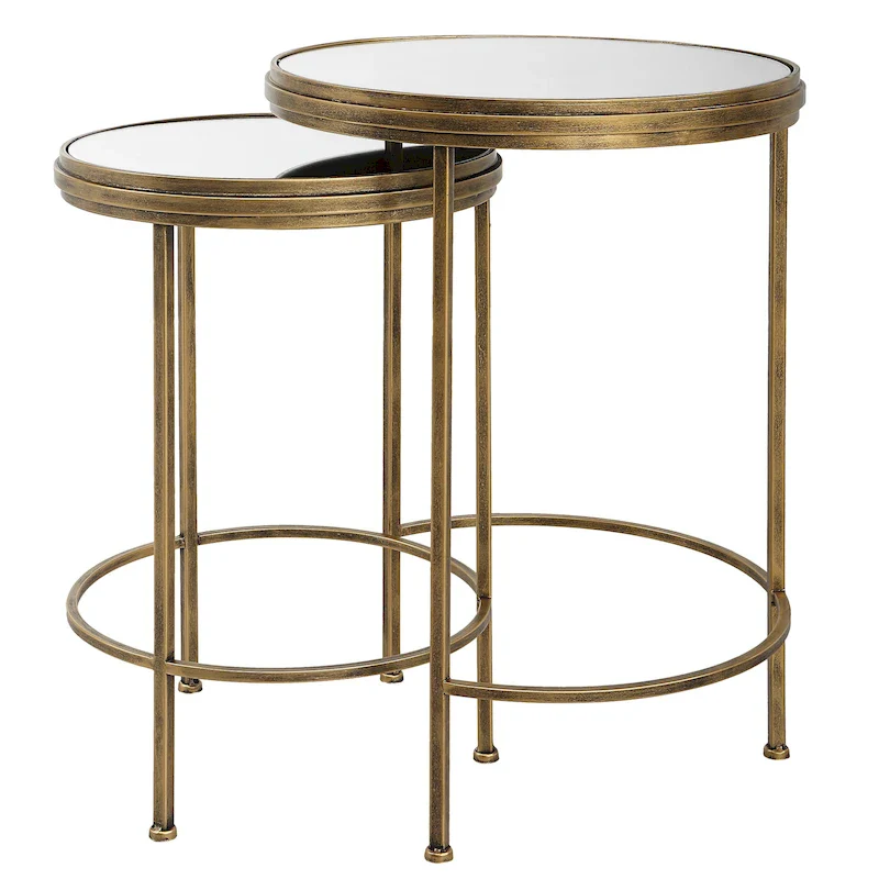 White & Gold Mirrored Glass Nesting Tables, Set of 2