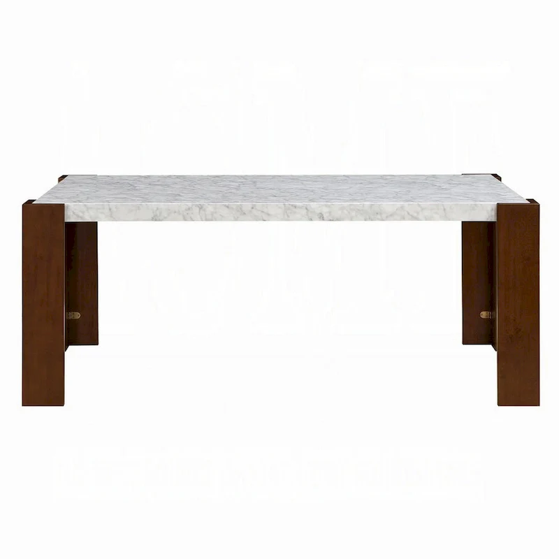 Dining Table, 72 Inch White Rectangular Faux Marble Top, Brown Wood