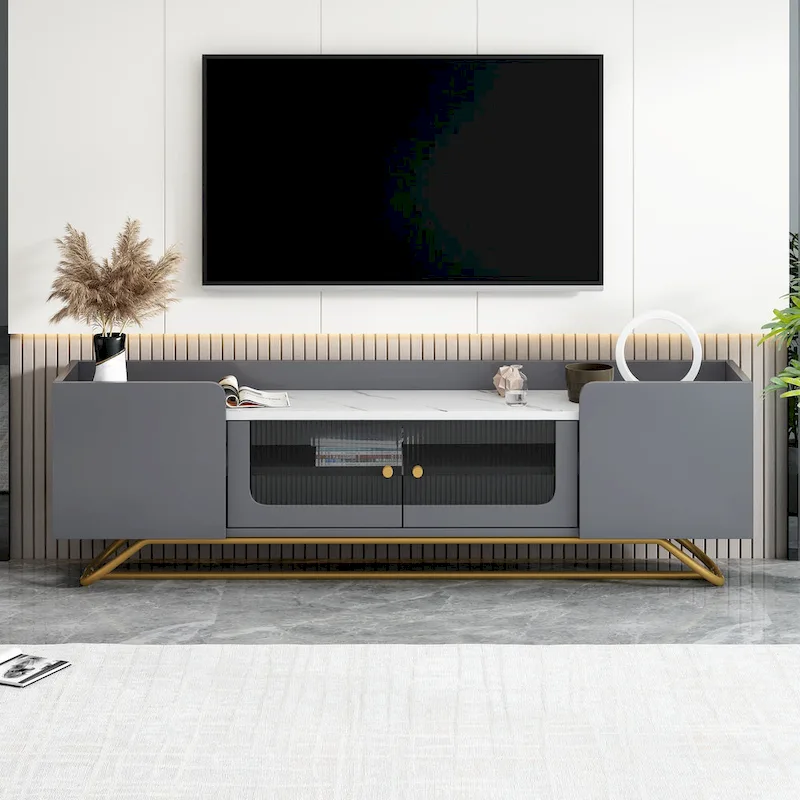 Black / White / Grey TV Console Table – Gold Frame, Fluted Glass Doors, 1-Person Assembly
