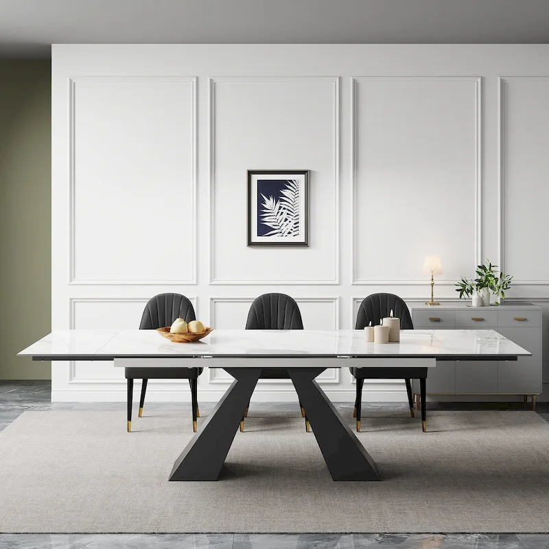 9 - Piece 110.24 Extendable Sintered Stone Dining Table and 8 Leather Chairs Dining Set