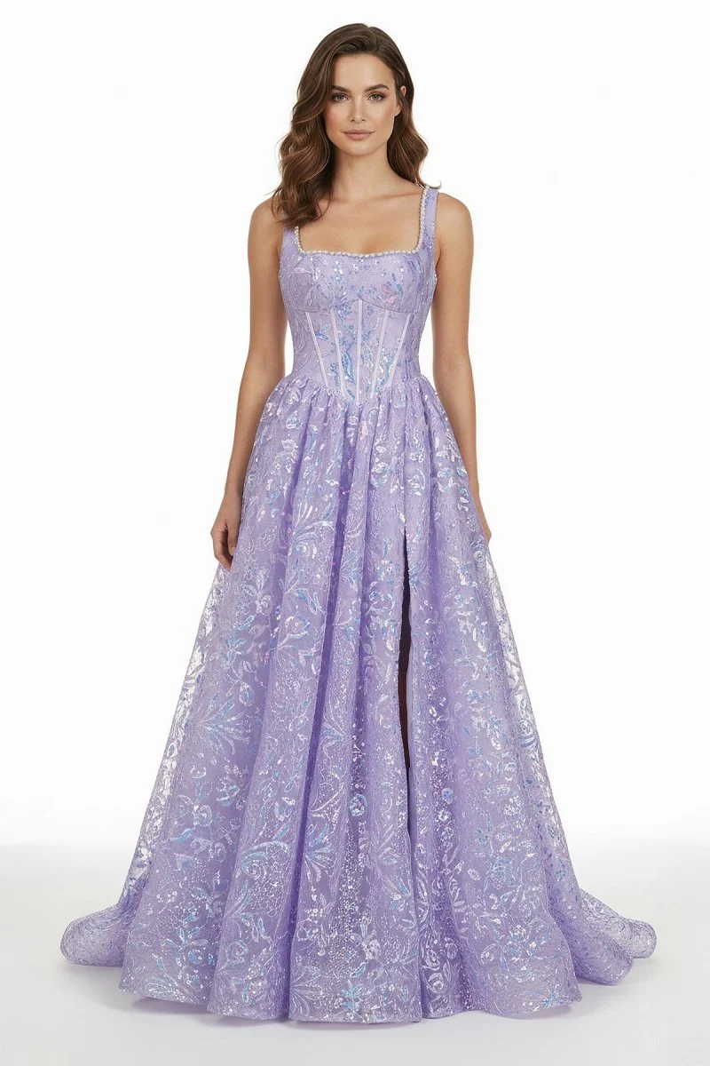 Lilac Square Neck A Line Sequined Long Formal Prom Dresses With Pearls