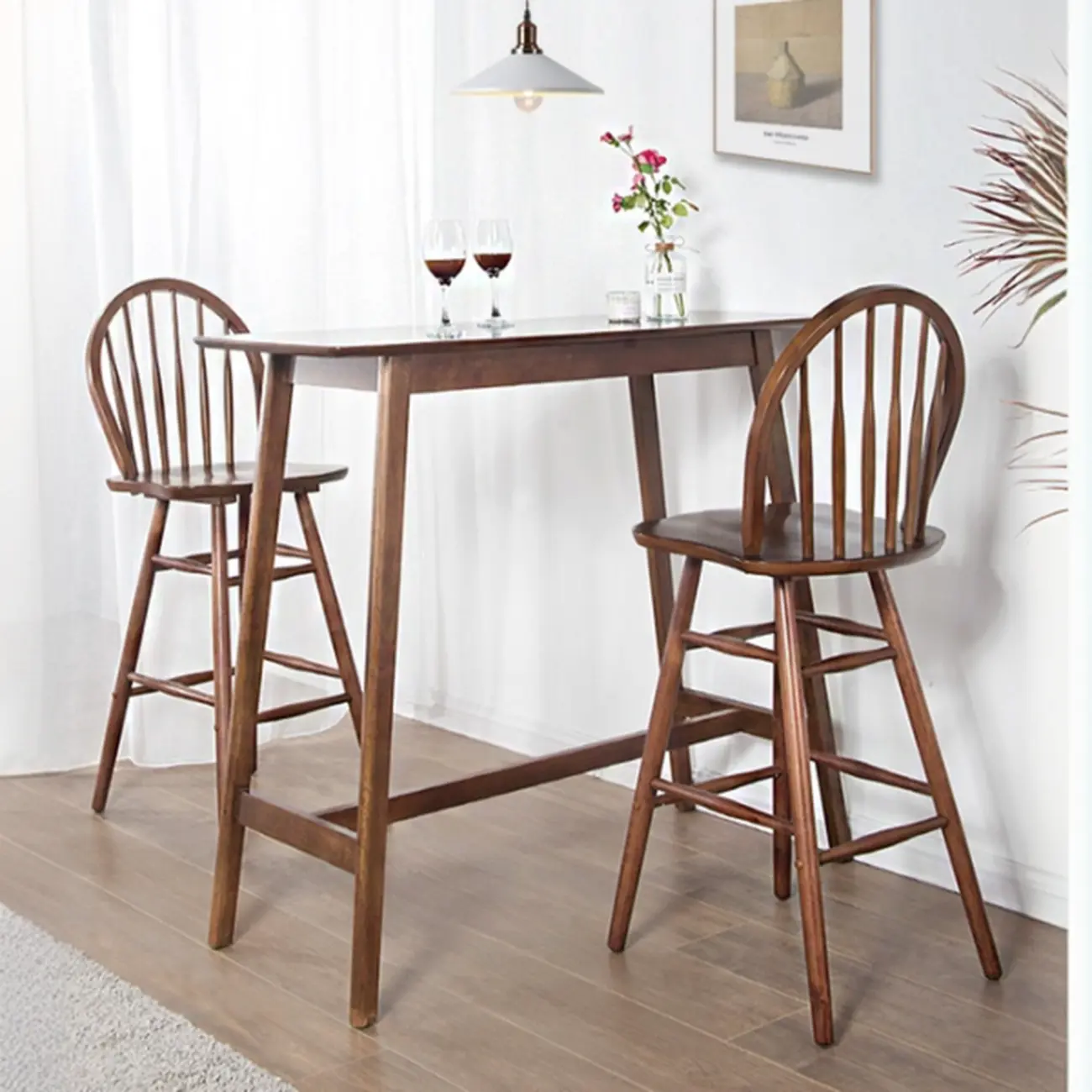 Scandinavian Brown Wooden Rubberwood Footrest Bar Tables