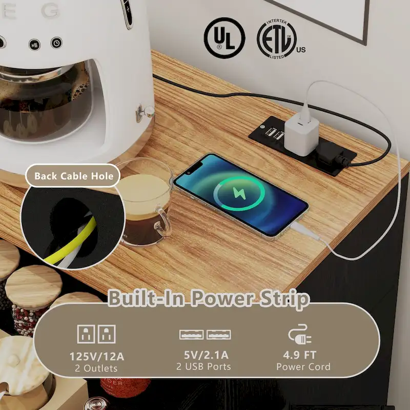 Gymax Tilt Out Trash Can Cabinet w/ Outlets 2 Drawers Adjustable Shelf