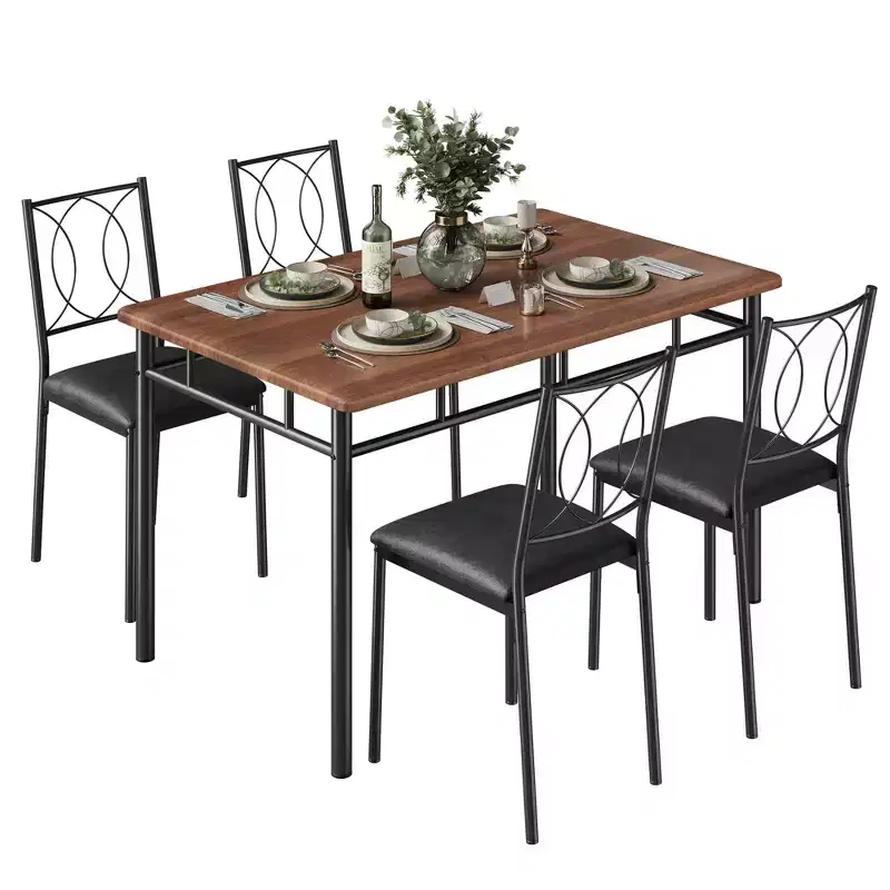 Space Saving Farmhouse Dining Table Set For 4,Sturdy Wood Table,Upholstered Chairs,Perfect For Apartments And Small Kitchens,Elegant Walnut Color