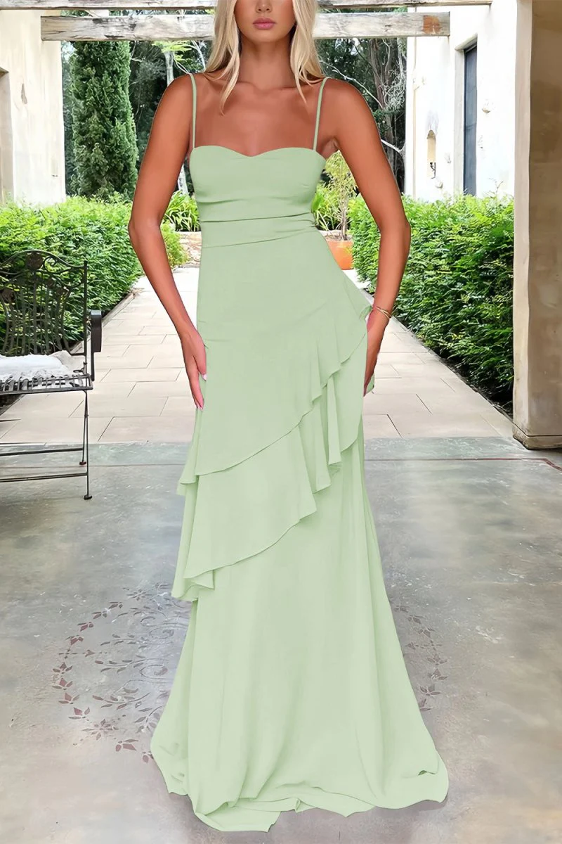 Red - Sheath Spaghetti Straps Chiffon Long Prom Dresses with Ruffles