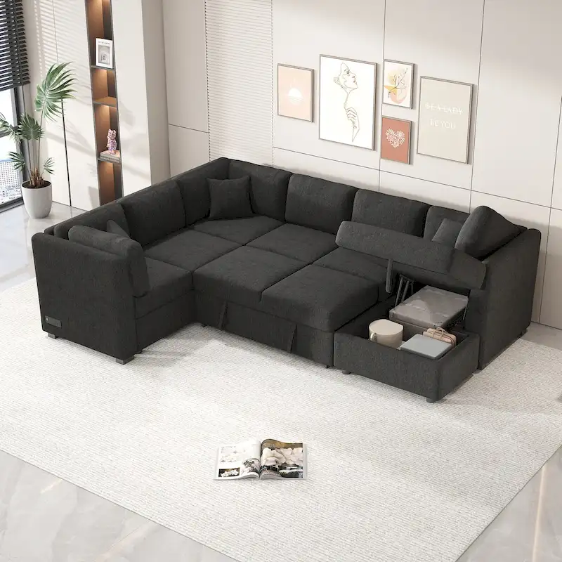 U-shaped Sectional Sofa Pull out Sofa Bed,2 USB Ports,2 Power Sockets,3 Back Pillows,Storage Chaise,Black