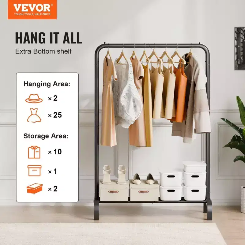 VIYET Heavy Duty Rolling Clothes Rack - Carbon Steel, Hanging Rod, Bottom Storage Area