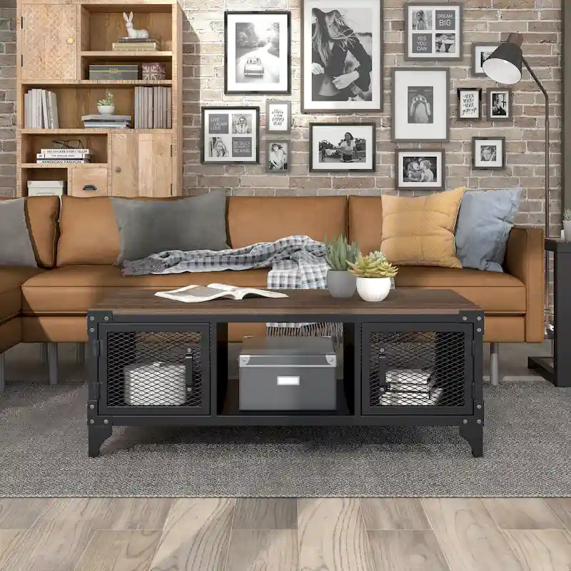 Rustic Black and Dark Walnut Steel Storage Coffee Table