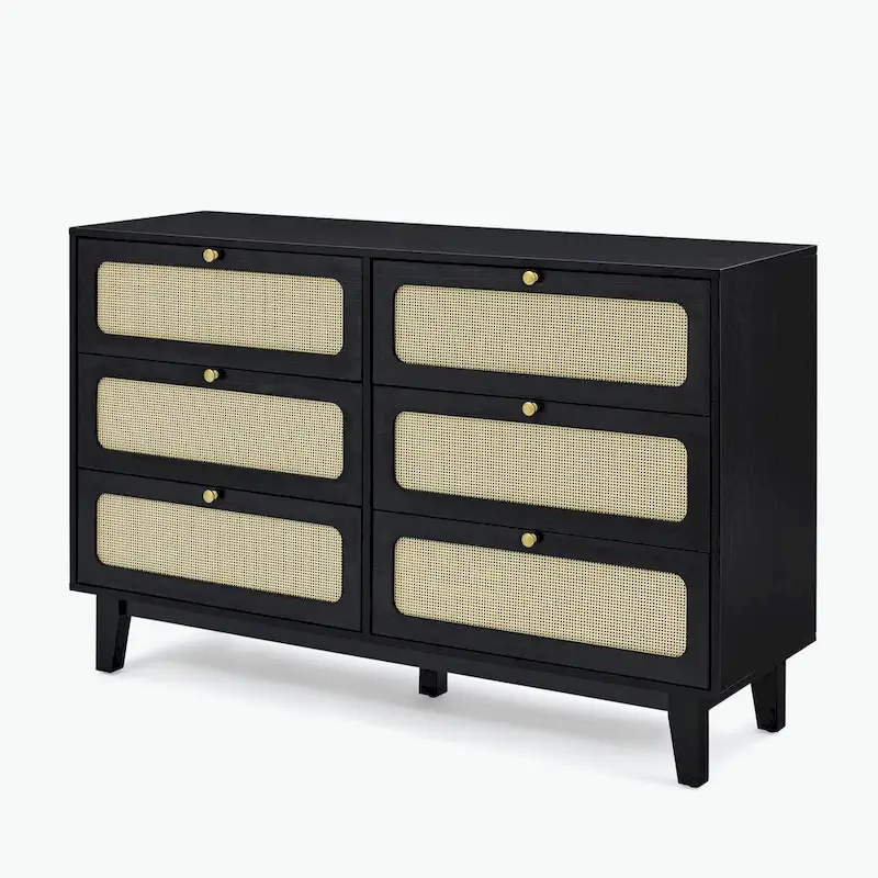 6-Drawer Dresser with Rattan Weave Fronts - Wood - 56 Inch