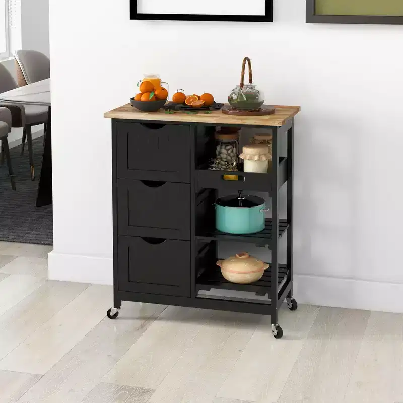 Okak Modern Kitchen Island with Wooden Top, Kitchen Cart with 3 Drawers and 3 Shelves, Countertop Organizer for Dining Room, Kitchen