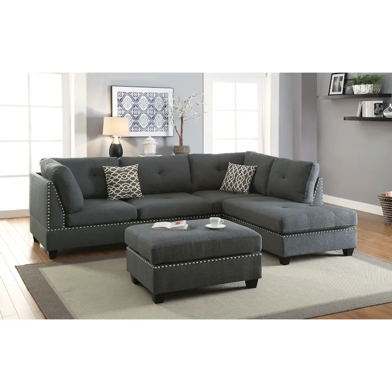 Bobkona Chaise Upholstered 3-piece Reversible Sectional Sofa Set