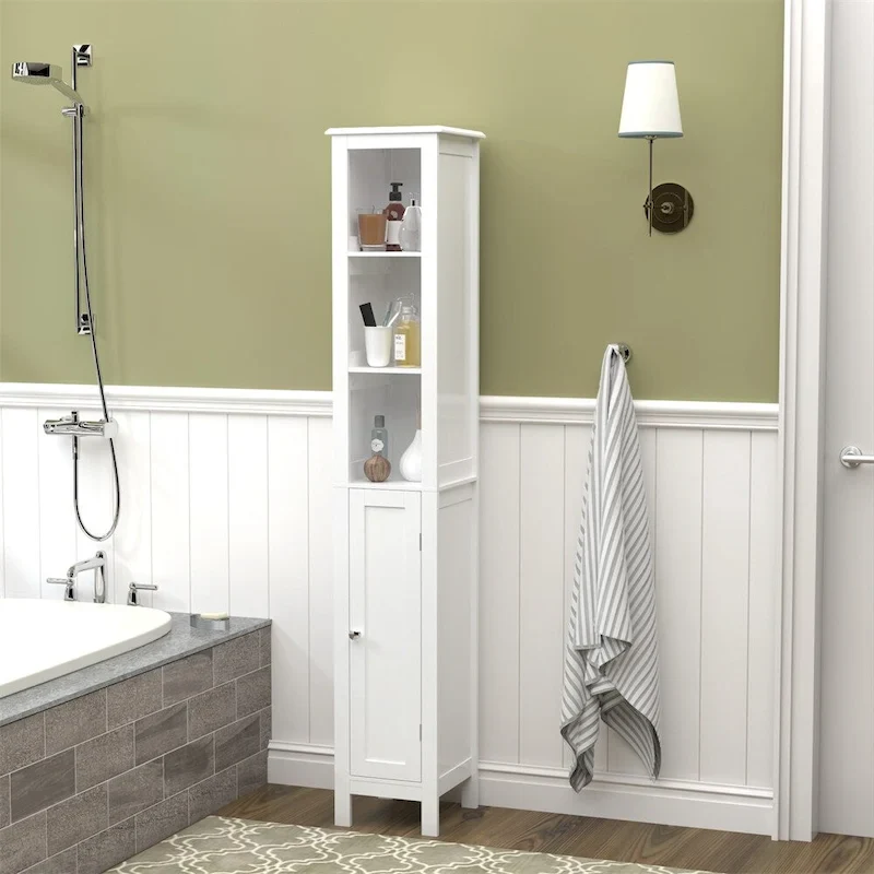 White MDF Tall Freestanding Bathroom Cabinet with 1 Door & Adjustable Shelves