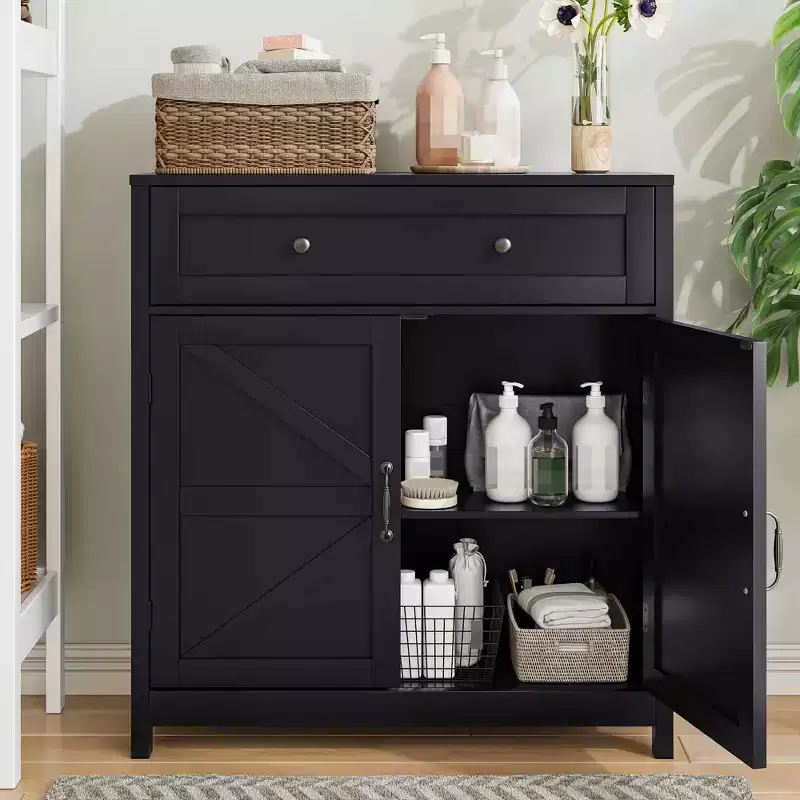 MAYEERTY Kitchen Sideboard Buffet Cabinet with Drawer Adjustable Shelf Barn Door Accent Cabinet for Living Room Black