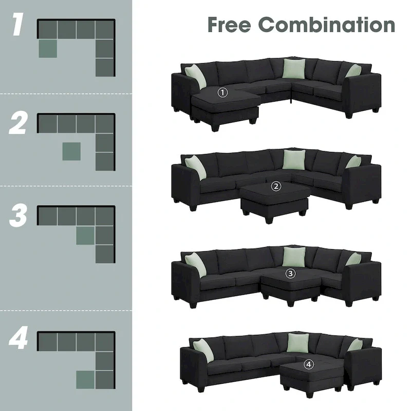 112-inch L-shaped 7-seat Modular Sectional Sofa with Ottoman and Three Pillows - 112W x 87D x 33H