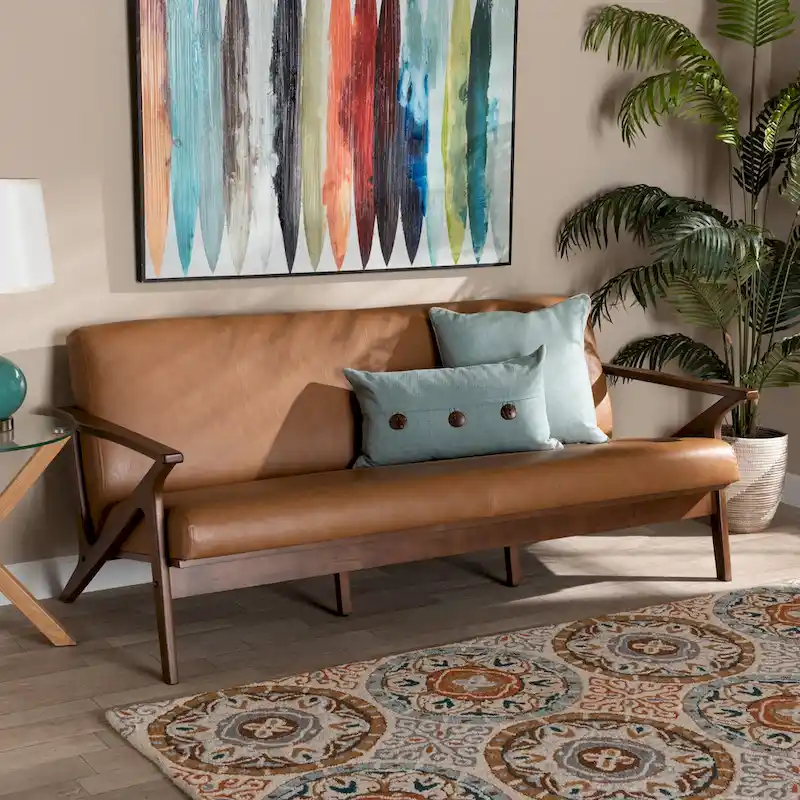 Mid-Century Modern Wood and Faux Leather Living Room Sofa