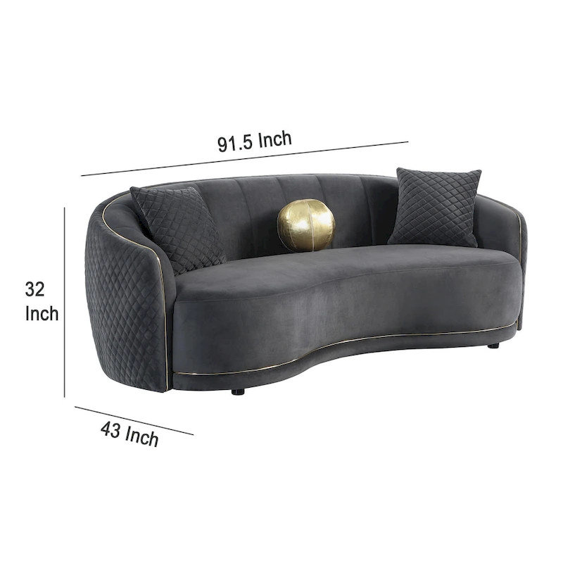 Buo Curved Sofa, 92 Inch, Dark Gray Polyester, Gold Trim, 3 Pillows