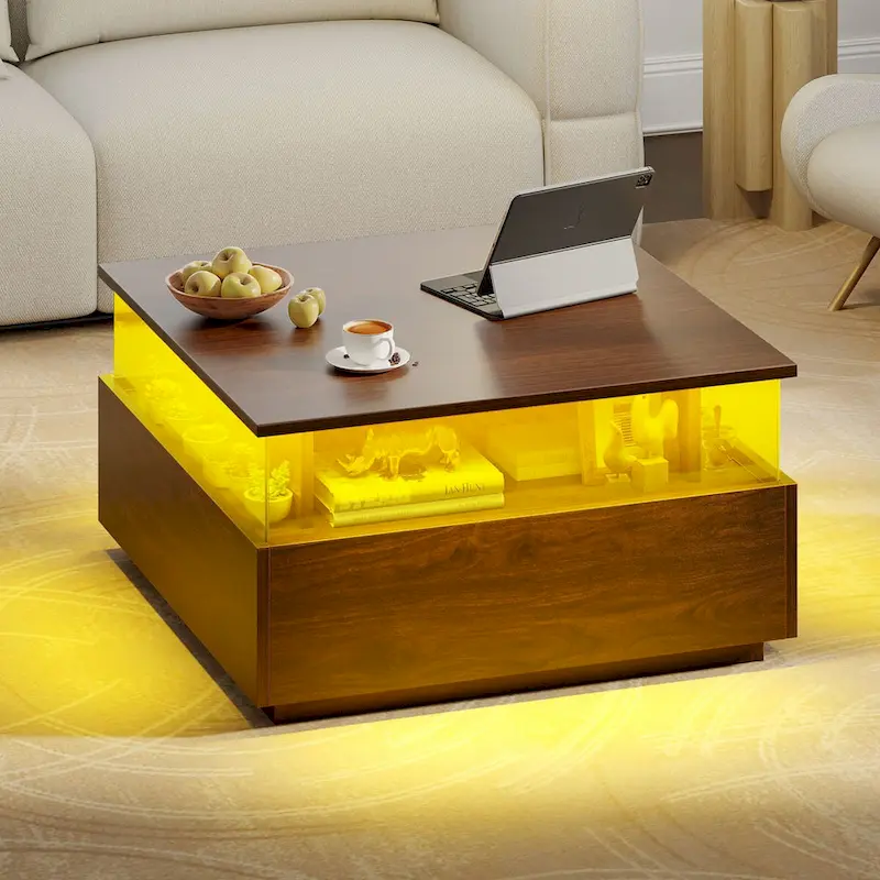 Moasis Modern Square Coffee Table with Drawers & LED Light, Acrylic and Wood Center Table