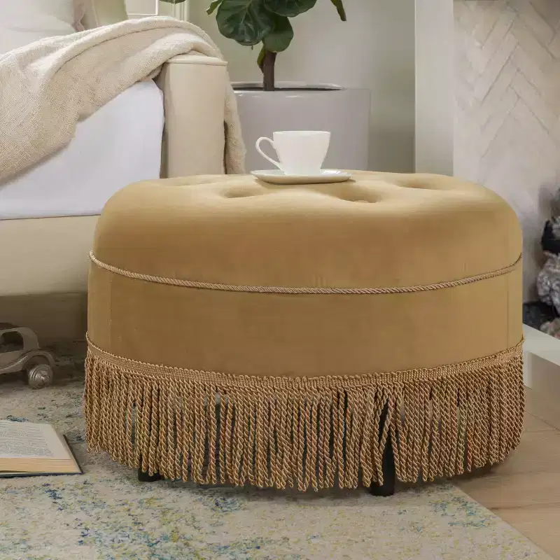 Okak Luxury Round Ottoman Bench Coffee Table Soft Upholstered Footrest Stool with Tassel Rope for Living Room,Entryway,Bedroom,Office