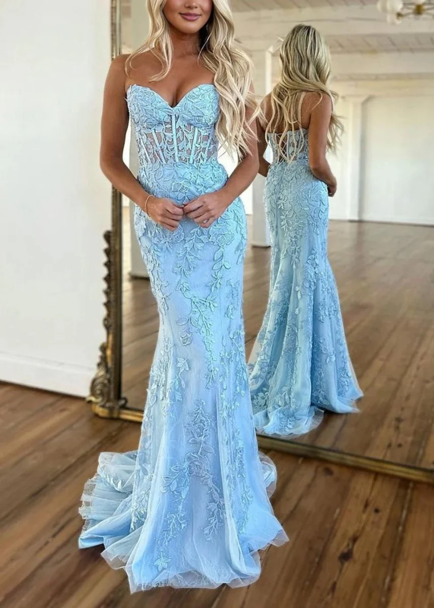 Mermaid Strapless Lace Prom Dress With Appliques