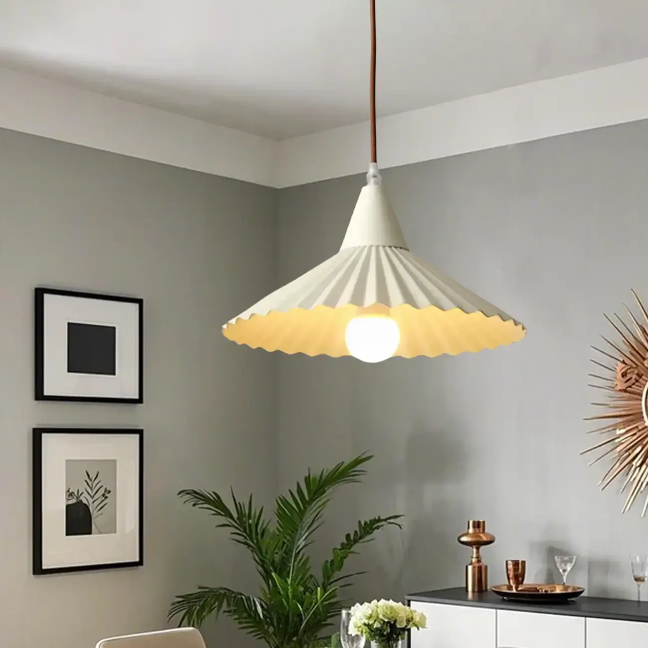 Modern Walnut Pleated Cone Pendant Light