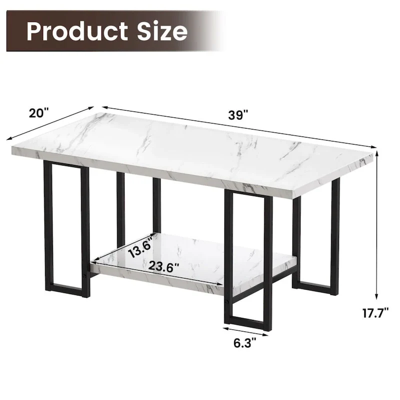 Mieres 39 Wide 2-Tier Faux Marble Top Coffee Table with Steel Frame
