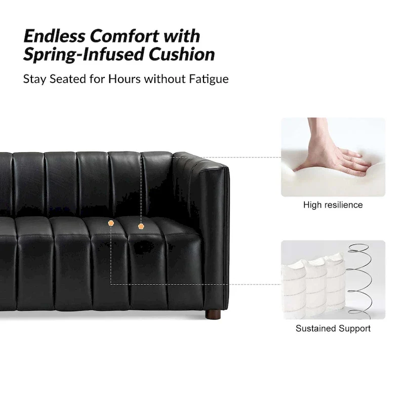 83-inch genuine leather curved sofa with a grooved backrest.